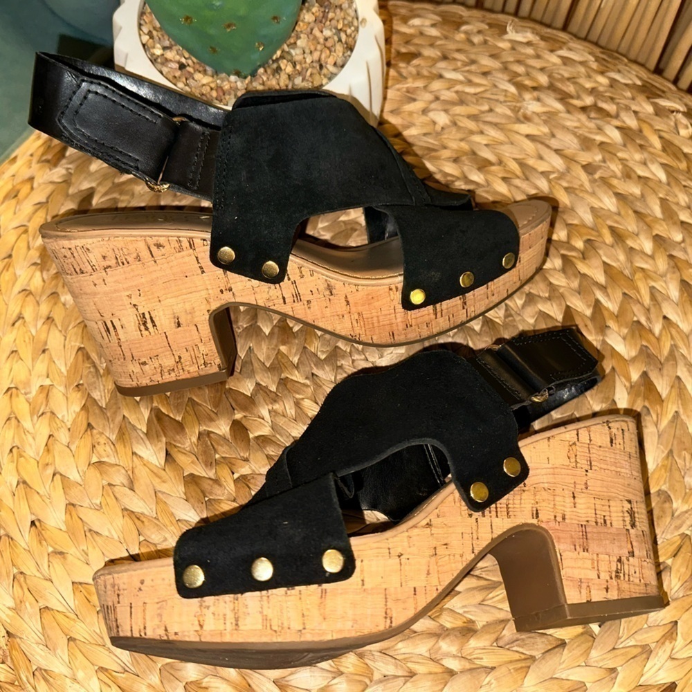 UEC Franco Sarto Artisanal L-Kicks, Black Suede Cork-design Wedge -Size 7 - Picture 4 of 10